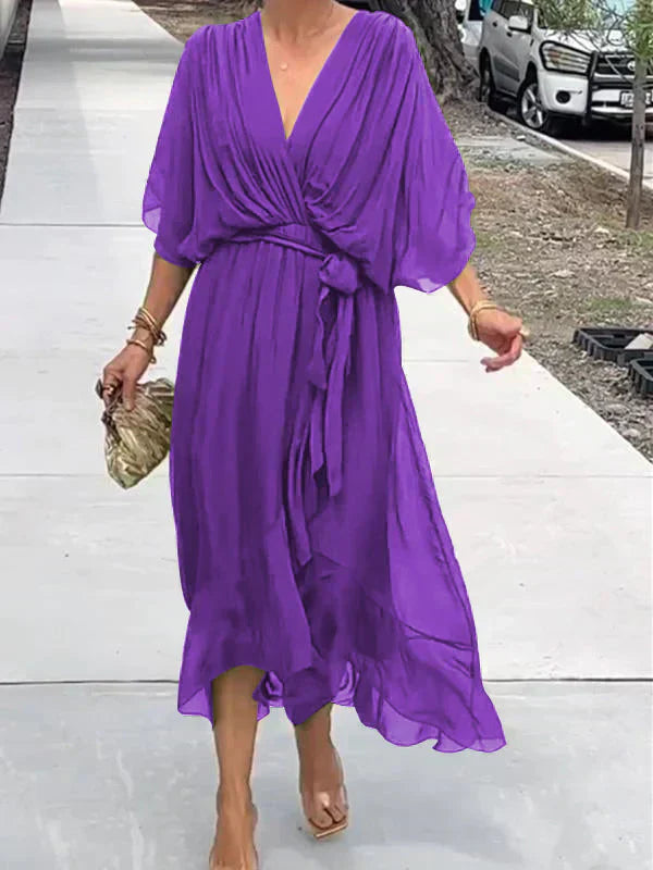 MARTA | Stylowa i Elegancka Sukienka Chiffonowa z Dekoltem w Serek