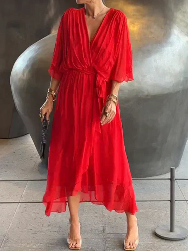 MARTA | Stylowa i Elegancka Sukienka Chiffonowa z Dekoltem w Serek