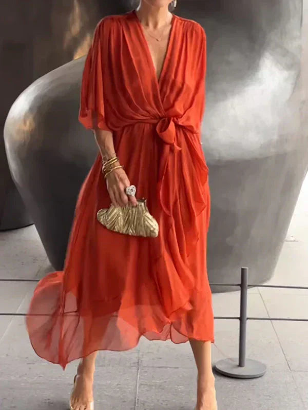 MARTA | Stylowa i Elegancka Sukienka Chiffonowa z Dekoltem w Serek