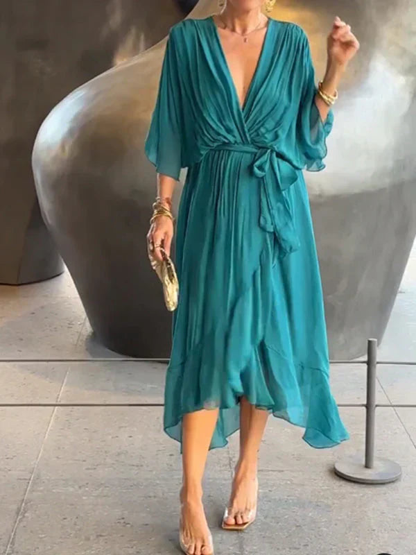 MARTA | Stylowa i Elegancka Sukienka Chiffonowa z Dekoltem w Serek
