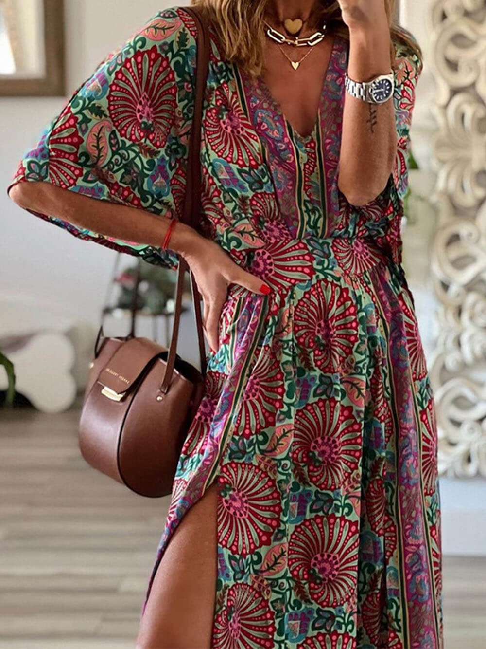 WASA | Boho Styl V-Neck Wydrukowana Luźna Sukienka Maxi