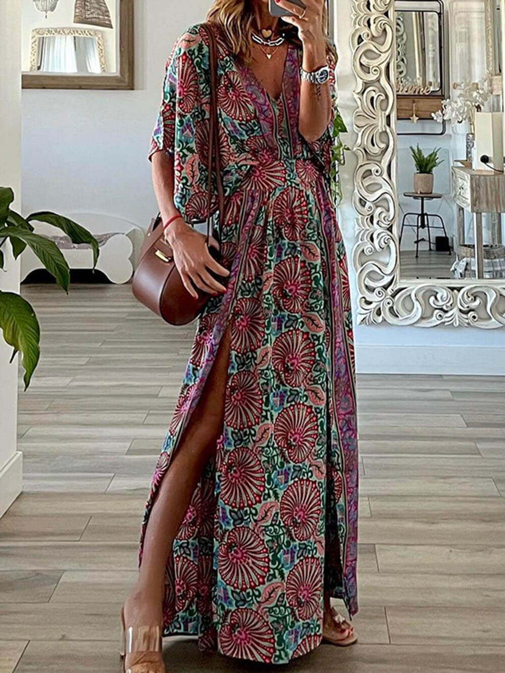WASA | Boho Styl V-Neck Wydrukowana Luźna Sukienka Maxi