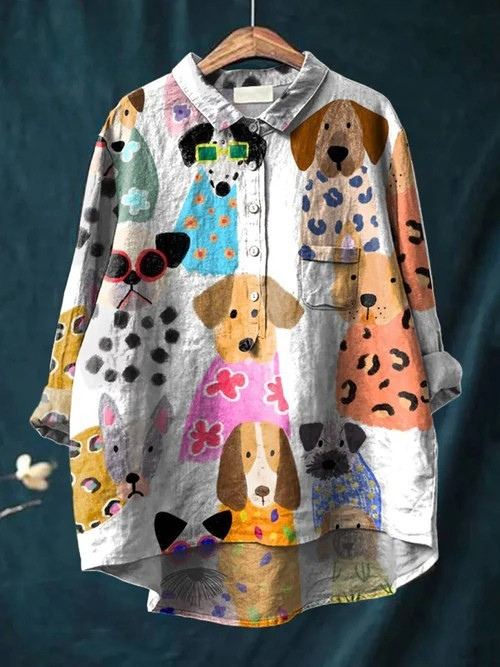 Women's Colorful Fun Cartoon Puppy Print Casual  Linen Shirt