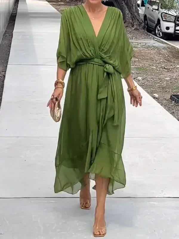 MARTA | Stylowa i Elegancka Sukienka Chiffonowa z Dekoltem w Serek